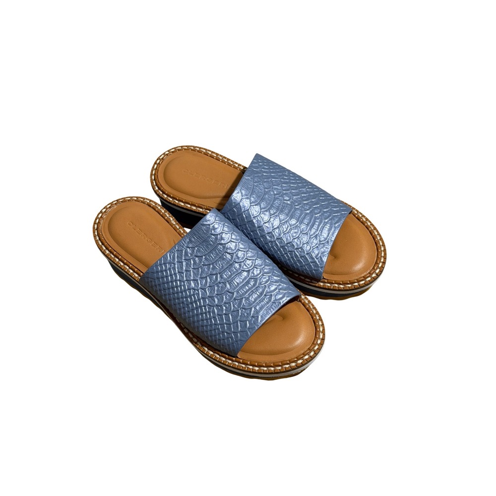 Clergerie Platform Slides Blue 37.5 Womens Snakeskin Embossed Leather Sandals